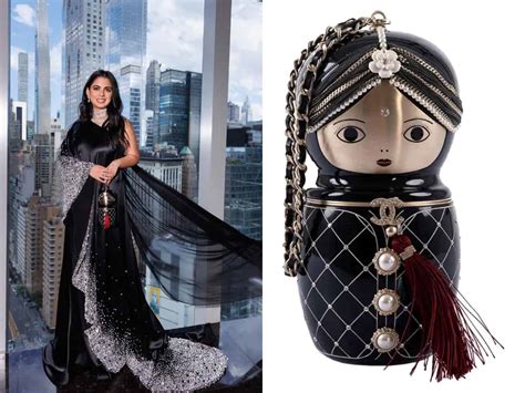 chanel doll bag isha ambani|ISHA AMBANI'S UNIQUE DOLL BAG AT MET GALA.